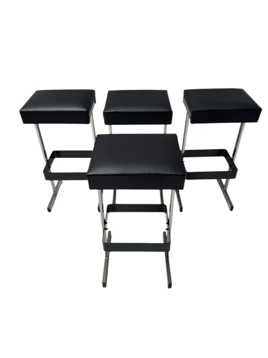 Four Mid-Century Modern Bar Stools with Black Leather Seats, 1970s